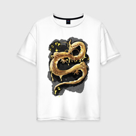 Женская футболка хлопок Oversize с принтом Золотой Дракон в Курске, 100% хлопок | свободный крой, круглый ворот, спущенный рукав, длина до линии бедер
 | animal | art | dragon | print | арт | дракон | звери | принт | фон | япония