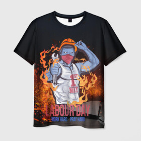 Мужская футболка 3D с принтом Work hard в Курске, 100% полиэфир | прямой крой, круглый вырез горловины, длина до линии бедер | 1 мая | весна | день труда | лозунги | май | мир | первомай | рабочие | труд