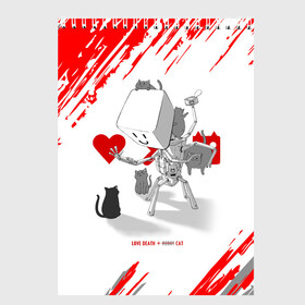 Скетчбук (блокнот) с принтом Love, Death and Cats | Любов, смерть и котики (Z) в Курске, 100% бумага
 | 48 листов, плотность листов — 100 г/м2, плотность картонной обложки — 250 г/м2. Листы скреплены сверху удобной пружинной спиралью | Тематика изображения на принте: death | love | love death robots | netflix | robots | vedeathrobots | xbot 4000 | любовь | нетфликс | роботы | сериал | сериалы