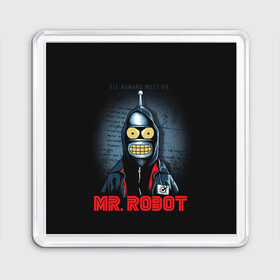 Магнит 55*55 с принтом Bender x mr robot в Курске, Пластик | Размер: 65*65 мм; Размер печати: 55*55 мм | bender | futurama | mr robot | planet express | бендер | мистер робот | мульт | мультфильм | планетный экспресс | туранга лила | филипп джэй фрай | футурама