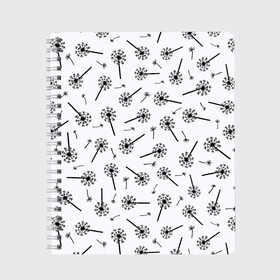 Тетрадь с принтом Призрачные одуванчики в Курске, 100% бумага | 48 листов, плотность листов — 60 г/м2, плотность картонной обложки — 250 г/м2. Листы скреплены сбоку удобной пружинной спиралью. Уголки страниц и обложки скругленные. Цвет линий — светло-серый
 | black and white | casual | dandelion | flowers | fly | minimalism | nature | pattern | spring | summer | весна | девушкам | летающие | лето | минимализм | монохром | одуванчики | паттерн | повседневный | поляна | природа | пух | растения | тексту