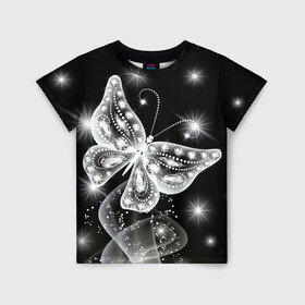 Детская футболка 3D с принтом Белая бабочка в Курске, 100% гипоаллергенный полиэфир | прямой крой, круглый вырез горловины, длина до линии бедер, чуть спущенное плечо, ткань немного тянется | бабочка | блестки | блестящая бабочка | черно белое