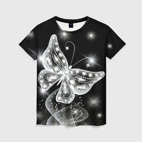 Женская футболка 3D с принтом Белая бабочка в Курске, 100% полиэфир ( синтетическое хлопкоподобное полотно) | прямой крой, круглый вырез горловины, длина до линии бедер | бабочка | блестки | блестящая бабочка | черно белое