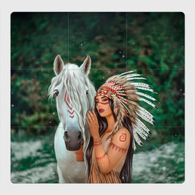 Магнитный плакат 3Х3 с принтом Дочь вождя в Курске, Полимерный материал с магнитным слоем | 9 деталей размером 9*9 см | девушка | индейская девушка | индейцы | лошадь