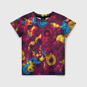 Детская футболка 3D с принтом Цветы - шестеренки в Курске, 100% гипоаллергенный полиэфир | прямой крой, круглый вырез горловины, длина до линии бедер, чуть спущенное плечо, ткань немного тянется | странные цветы | узоры | узоры цветов | цветы | шестеренки
