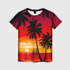 Женская футболка 3D с принтом Гавайский закат в Курске, 100% полиэфир ( синтетическое хлопкоподобное полотно) | прямой крой, круглый вырез горловины, длина до линии бедер | гавайи | закат | корабль | лето | море | отдых | пальмы | пейзаж | песок | пляж | природа | тропики