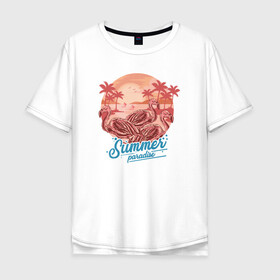 Мужская футболка хлопок Oversize с принтом Summer paradise / Летний рай в Курске, 100% хлопок | свободный крой, круглый ворот, “спинка” длиннее передней части | beach | palm | sea | summer | волны | жара | летние | лето | море | пальмы | пляж | фламинго