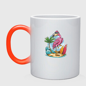 Кружка хамелеон с принтом Фламинго на пляже в Курске, керамика | меняет цвет при нагревании, емкость 330 мл | beach | palm | sea | summer | волны | жара | летние | лето | море | пальмы | пляж | серфинг | фламинго