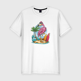 Мужская футболка хлопок Slim с принтом Фламинго на пляже в Курске, 92% хлопок, 8% лайкра | приталенный силуэт, круглый вырез ворота, длина до линии бедра, короткий рукав | beach | palm | sea | summer | волны | жара | летние | лето | море | пальмы | пляж | серфинг | фламинго