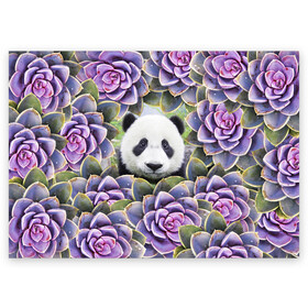Поздравительная открытка с принтом Панда среди цветов в Курске, 100% бумага | плотность бумаги 280 г/м2, матовая, на обратной стороне линовка и место для марки
 | flower | flowers | panda | панда | цветы