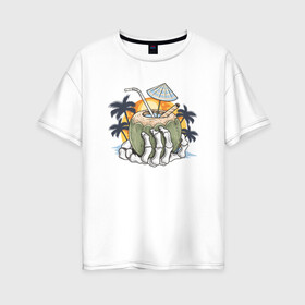 Женская футболка хлопок Oversize с принтом Тропический коктейль в Курске, 100% хлопок | свободный крой, круглый ворот, спущенный рукав, длина до линии бедер
 | beach | palm | sea | summer | волны | жара | коктейль | летние | лето | море | пальмы | пляж | тропический