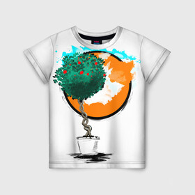 Детская футболка 3D с принтом Дерево (рисунок красками) в Курске, 100% гипоаллергенный полиэфир | прямой крой, круглый вырез горловины, длина до линии бедер, чуть спущенное плечо, ткань немного тянется | дерево | зеленый | зелень | искусство | краски | оранжевый | пейзаж | растение | рисунок | современный дизайн | современный стиль | солнце