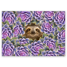 Поздравительная открытка с принтом Ленивец среди цветов в Курске, 100% бумага | плотность бумаги 280 г/м2, матовая, на обратной стороне линовка и место для марки
 | flower | flowers | ленивец | цветок | цветы