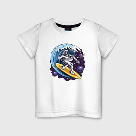 Детская футболка хлопок с принтом Космонавт Серфингист в Курске, 100% хлопок | круглый вырез горловины, полуприлегающий силуэт, длина до линии бедер | adventure | cosmonaut | cosmos | space | астронавт | волна | космонавт | космос | серф | серфинг | серфингист