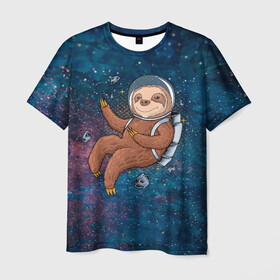 Мужская футболка 3D с принтом Милый ленивец в космосе в Курске, 100% полиэфир | прямой крой, круглый вырез горловины, длина до линии бедер | nasa | космонавт | космос | ленивец | метеориты | милый | наса