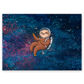 Поздравительная открытка с принтом Милый ленивец в космосе в Курске, 100% бумага | плотность бумаги 280 г/м2, матовая, на обратной стороне линовка и место для марки
 | nasa | космонавт | космос | ленивец | метеориты | милый | наса