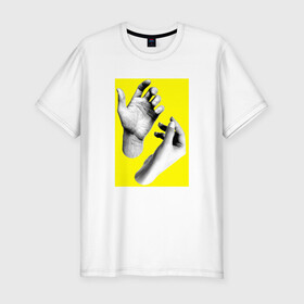 Мужская футболка хлопок Slim с принтом Монохромные руки в Курске, 92% хлопок, 8% лайкра | приталенный силуэт, круглый вырез ворота, длина до линии бедра, короткий рукав | Тематика изображения на принте: белый | желтый | жест | жесты | ладонь | пальцы | фотография | человек | черный