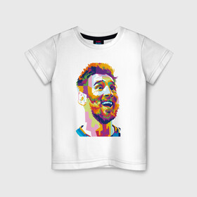 Детская футболка хлопок с принтом Messi Smile в Курске, 100% хлопок | круглый вырез горловины, полуприлегающий силуэт, длина до линии бедер | Тематика изображения на принте: argentina | barca | barcelona | football | lionel | messi | spain | sport | аргентина | барса | барселона | гол | золотой мяч | игрок | испания | камп ноу | лионель | месси | мяч | спорт | тренер | футбол | чемпион | чемпионат