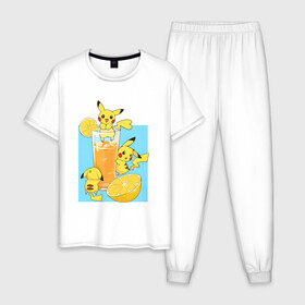 Мужская пижама хлопок с принтом Пикачу в лимонаде в Курске, 100% хлопок | брюки и футболка прямого кроя, без карманов, на брюках мягкая резинка на поясе и по низу штанин
 | anime | picachu | pikachu | аниме | красная шапочка | милый | пика | пикачу | покебол | покемон