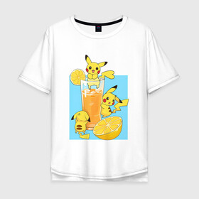 Мужская футболка хлопок Oversize с принтом Пикачу в лимонаде в Курске, 100% хлопок | свободный крой, круглый ворот, “спинка” длиннее передней части | anime | picachu | pikachu | аниме | красная шапочка | милый | пика | пикачу | покебол | покемон