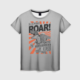 Женская футболка 3D с принтом ROAR Tokyo T-rex в Курске, 100% полиэфир ( синтетическое хлопкоподобное полотно) | прямой крой, круглый вырез горловины, длина до линии бедер | dino | rex | roar | t rex | дино | динозавр | динозавры