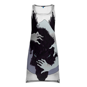Платье-майка 3D с принтом ВОЛК WOLF в Курске, 100% полиэстер | полуприлегающий силуэт, широкие бретели, круглый вырез горловины, удлиненный подол сзади. | wolf | арт | белое | белый | волк | волки | волф | вульф | животные | звери | лес | туман | хищник