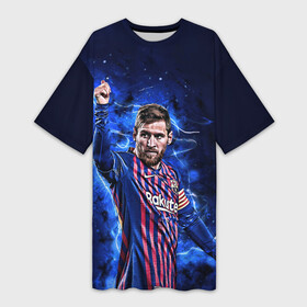 Платье-футболка 3D с принтом Lionel Messi | Barcelona | 10 в Курске,  |  | 10 | argentina | barcelona | fc | fifa | footbal | leo | lionel | messi | soccer | аргентина | барселона | лео | лига | лионель | месси | мяч | мячик | поле | спорт | форма | футбол | футболист | футбольная | футбольный | чемпион