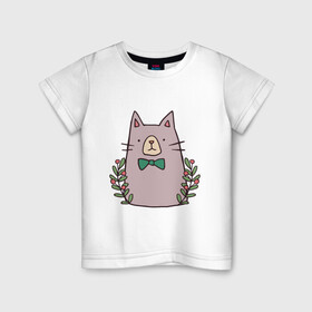 Детская футболка хлопок с принтом торжественный кот в Курске, 100% хлопок | круглый вырез горловины, полуприлегающий силуэт, длина до линии бедер | акварель | бабочка | бантик | галстук | животные | звери | кот | котейка | рисунок | торжественный