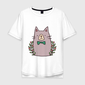 Мужская футболка хлопок Oversize с принтом торжественный кот в Курске, 100% хлопок | свободный крой, круглый ворот, “спинка” длиннее передней части | акварель | бабочка | бантик | галстук | животные | звери | кот | котейка | рисунок | торжественный
