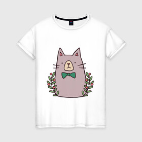 Женская футболка хлопок с принтом торжественный кот в Курске, 100% хлопок | прямой крой, круглый вырез горловины, длина до линии бедер, слегка спущенное плечо | акварель | бабочка | бантик | галстук | животные | звери | кот | котейка | рисунок | торжественный