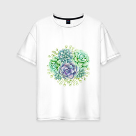 Женская футболка хлопок Oversize с принтом рисунок суккуленты в Курске, 100% хлопок | свободный крой, круглый ворот, спущенный рукав, длина до линии бедер
 | акварель | букет | зеленый | природа | растения | рисунок | свежий | суккуленты | экзотический