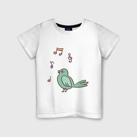 Детская футболка хлопок с принтом птичка зеленая поет в Курске, 100% хлопок | круглый вырез горловины, полуприлегающий силуэт, длина до линии бедер | Тематика изображения на принте: весна | зеленый птенчик | мелодия | музыка | ноты | оратор | певец | певица | пение | песня | птенец | птица | птичка | птичужка | радость | рисунок | чив | чирик