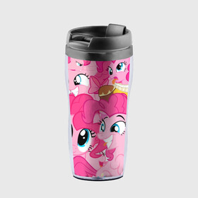 Термокружка-непроливайка с принтом Pinkie Pie pattern в Курске, внутренняя часть — пищевой пластик, наружная часть — прозрачный пластик, между ними — полиграфическая вставка с рисунком | объем — 350 мл, герметичная крышка | my little pony | дружба это чудо | единорог | единороги | май литл пони | мульт | мультфильм