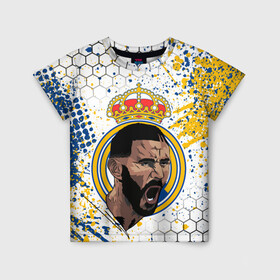 Детская футболка 3D с принтом КАРИМ БЕНЗЕМА / REAL MADRID в Курске, 100% гипоаллергенный полиэфир | прямой крой, круглый вырез горловины, длина до линии бедер, чуть спущенное плечо, ткань немного тянется | Тематика изображения на принте: football | grunge. | karim mostafa benzema | real madrid | sport | брызги | карим бензема | реал мадрид | сборная франции | спорт | футбол