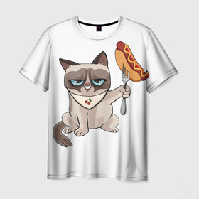 Мужская футболка 3D с принтом Злобный котяу в Курске, 100% полиэфир | прямой крой, круглый вырез горловины, длина до линии бедер | вилка | голодный кот | еда | злобный кот | сосиска | фастфуд | хот дог