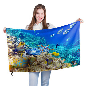 Флаг 3D с принтом Морской мир в Курске, 100% полиэстер | плотность ткани — 95 г/м2, размер — 67 х 109 см. Принт наносится с одной стороны | вода | море | морская вода | морские животные | морские жители | морской мир | океан | рыбки | рыбы