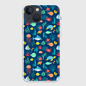 Чехол для iPhone 13 mini с принтом Морские жители в Курске,  |  | Тематика изображения на принте: водоросли | звезды | кораллы | крабы | медузы | море | паттерны | рыбы | черепахи