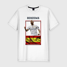 Мужская футболка хлопок Slim с принтом Карим Бензема (Реал Мадрид) в Курске, 92% хлопок, 8% лайкра | приталенный силуэт, круглый вырез ворота, длина до линии бедра, короткий рукав | karim benzema | карим бензема | реал мадрид | флаг испании | футболист | футбольная форма
