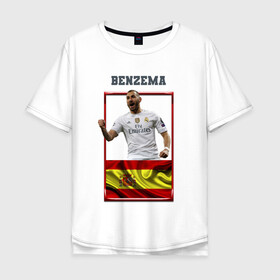 Мужская футболка хлопок Oversize с принтом Карим Бензема (Реал Мадрид) в Курске, 100% хлопок | свободный крой, круглый ворот, “спинка” длиннее передней части | karim benzema | карим бензема | реал мадрид | флаг испании | футболист | футбольная форма