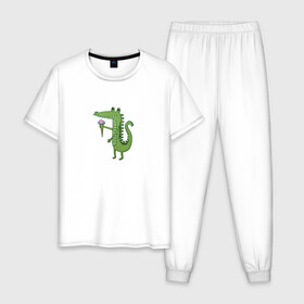 Мужская пижама хлопок с принтом Крокодильчик с мороженным в Курске, 100% хлопок | брюки и футболка прямого кроя, без карманов, на брюках мягкая резинка на поясе и по низу штанин
 | детский | крокодил | крокодильчик | лето | мультфильм | персонаж