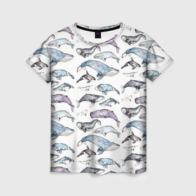 Женская футболка 3D с принтом киты паттерн в Курске, 100% полиэфир ( синтетическое хлопкоподобное полотно) | прямой крой, круглый вырез горловины, длина до линии бедер | ocean | sea | sea animal | акварель | графика | касатка | киты | море | океан | рисунок кита