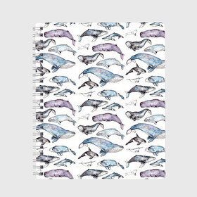 Тетрадь с принтом киты паттерн в Курске, 100% бумага | 48 листов, плотность листов — 60 г/м2, плотность картонной обложки — 250 г/м2. Листы скреплены сбоку удобной пружинной спиралью. Уголки страниц и обложки скругленные. Цвет линий — светло-серый
 | Тематика изображения на принте: ocean | sea | sea animal | акварель | графика | касатка | киты | море | океан | рисунок кита