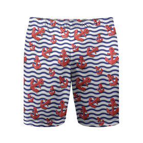 Мужские шорты спортивные с принтом Красные якоря в Курске,  |  | волны | красные | море | паттерны | тельняшка | якоря