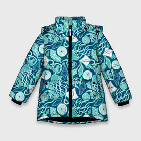 Зимняя куртка для девочек 3D с принтом Скаты и медузы в Курске, ткань верха — 100% полиэстер; подклад — 100% полиэстер, утеплитель — 100% полиэстер. | длина ниже бедра, удлиненная спинка, воротник стойка и отстегивающийся капюшон. Есть боковые карманы с листочкой на кнопках, утяжки по низу изделия и внутренний карман на молнии. 

Предусмотрены светоотражающий принт на спинке, радужный светоотражающий элемент на пуллере молнии и на резинке для утяжки. | водоросли | медузы | море | паттерны | ракушки | рыбы | электрический скат