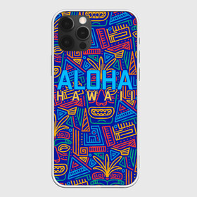 Чехол для iPhone 12 Pro с принтом ALOHA HAWAII | АЛОХА ГАВАЙИ в Курске, силикон | область печати: задняя сторона чехла, без боковых панелей | Тематика изображения на принте: aloha | aloha hawaii | hawaii | гаваи | гавайи | гавайские маски | индийские маски | маска тики | маски | маски тики | надпись | пальмы | синий | тики