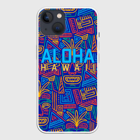 Чехол для iPhone 13 с принтом ALOHA HAWAII | АЛОХА ГАВАЙИ в Курске,  |  | aloha | aloha hawaii | hawaii | гаваи | гавайи | гавайские маски | индийские маски | маска тики | маски | маски тики | надпись | пальмы | синий | тики