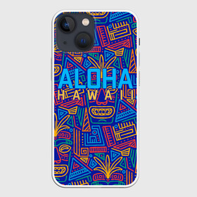 Чехол для iPhone 13 mini с принтом ALOHA HAWAII | АЛОХА ГАВАЙИ в Курске,  |  | Тематика изображения на принте: aloha | aloha hawaii | hawaii | гаваи | гавайи | гавайские маски | индийские маски | маска тики | маски | маски тики | надпись | пальмы | синий | тики