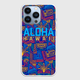 Чехол для iPhone 13 Pro с принтом ALOHA HAWAII | АЛОХА ГАВАЙИ в Курске,  |  | aloha | aloha hawaii | hawaii | гаваи | гавайи | гавайские маски | индийские маски | маска тики | маски | маски тики | надпись | пальмы | синий | тики