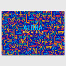 Поздравительная открытка с принтом ALOHA HAWAII | АЛОХА ГАВАЙИ в Курске, 100% бумага | плотность бумаги 280 г/м2, матовая, на обратной стороне линовка и место для марки
 | Тематика изображения на принте: aloha | aloha hawaii | hawaii | гаваи | гавайи | гавайские маски | индийские маски | маска тики | маски | маски тики | надпись | пальмы | синий | тики