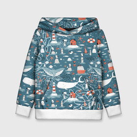 Детская толстовка 3D с принтом Море и его жители в Курске, 100% полиэстер | двухслойный капюшон со шнурком для регулировки, мягкие манжеты на рукавах и по низу толстовки, спереди карман-кенгуру с мягким внутренним слоем | киты | кораллы | маяк | море | морская тема | морские символы | паттерн | чайка